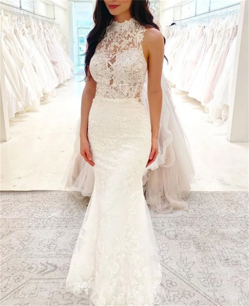 

Elegant White Wedding Dress 2022 Lace Flowers Beach Bride Sleeveless Gowns O-Neck Train Vestido De Noiva فساتين حفلات فساتين