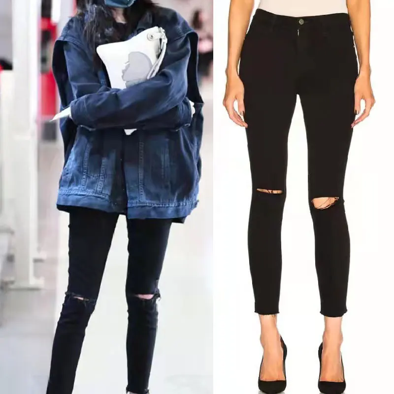 

Women denim pants fashion casual high waist slim ripped jeans