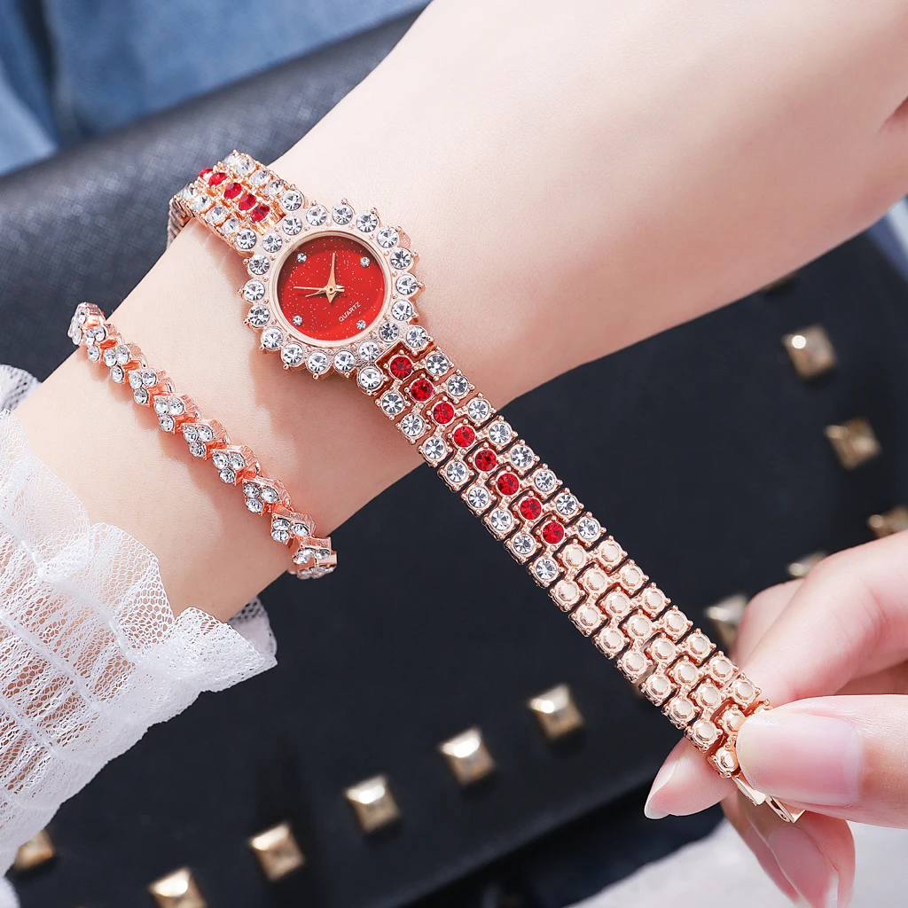 Новые роскошные золотые кварцевые часы с кристаллами женские ремешком из сплава