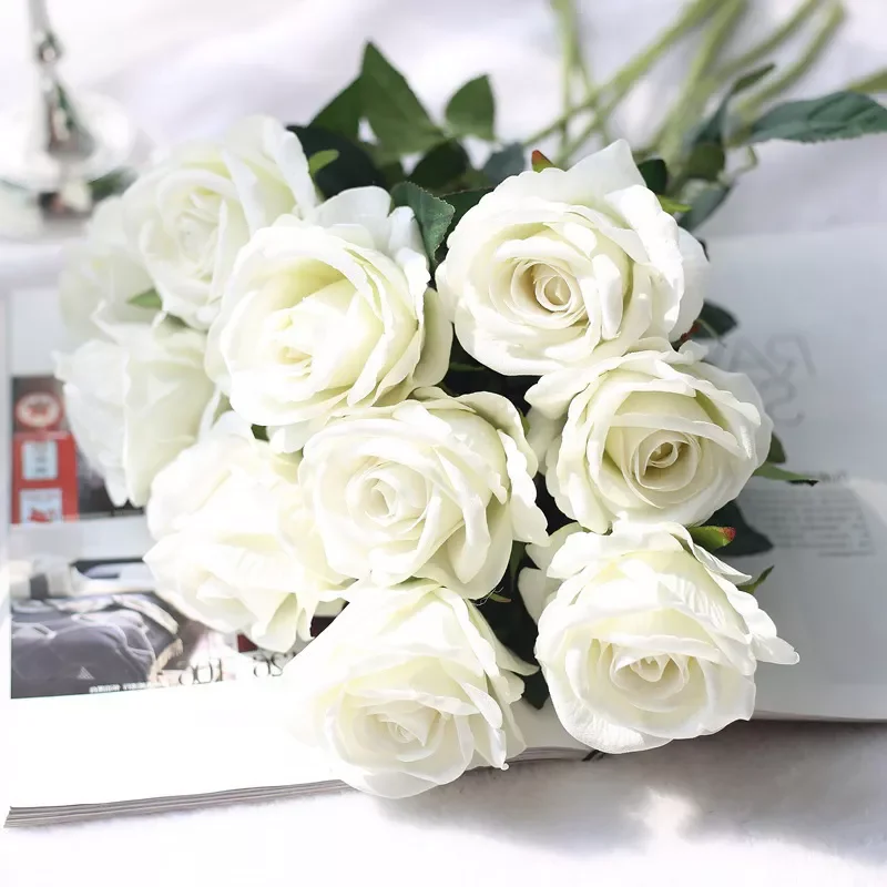 

New Ballon Party 5Pcs 51cm Long Branch Flowers Bouquet Beautiful White Silk Roses Artificial Flowers Wedding Home Table Decor