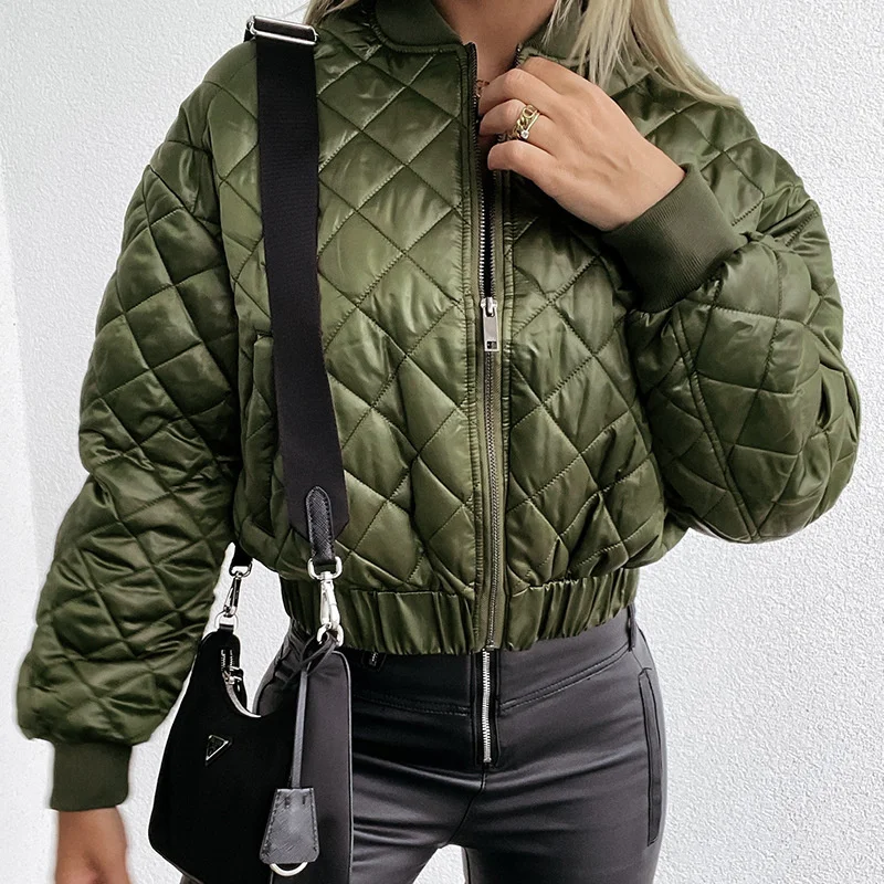 Women's Short Cotton Clothes Zipper Casual Rhombus Jacket Cotton Clothes 2022 Women's Autumn Loose Long Sleeve Jacket