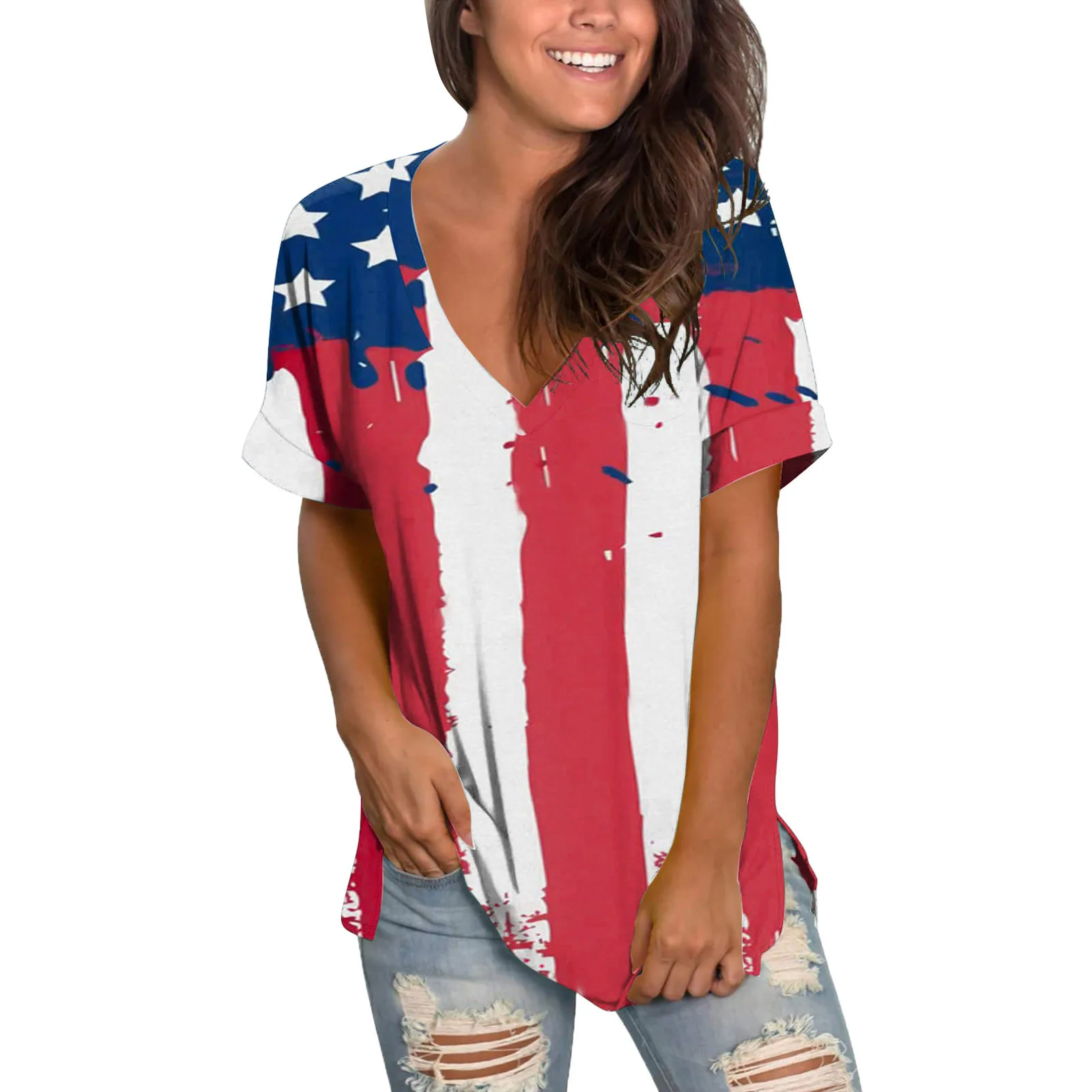 

Womens Summer Casual T Shirts V Neck Rolled Sleeve Loose Side Split Tops Trashier Shirts