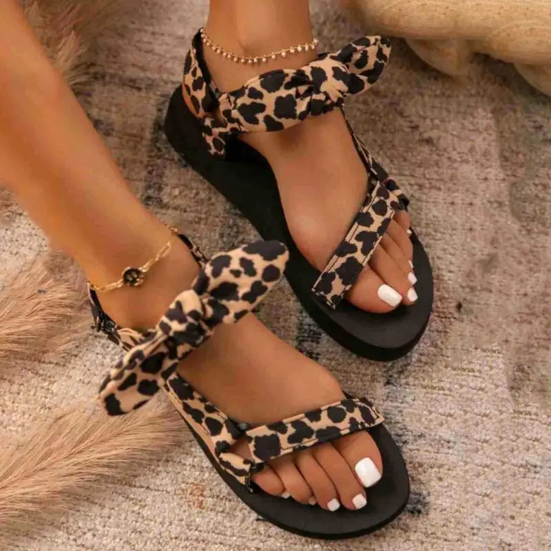 

New Women Sandals Color Flat Casual Lace Up Bow Shoes for Ladies Summer Fashion 2021 Outdoor Leopard Beach Mujer