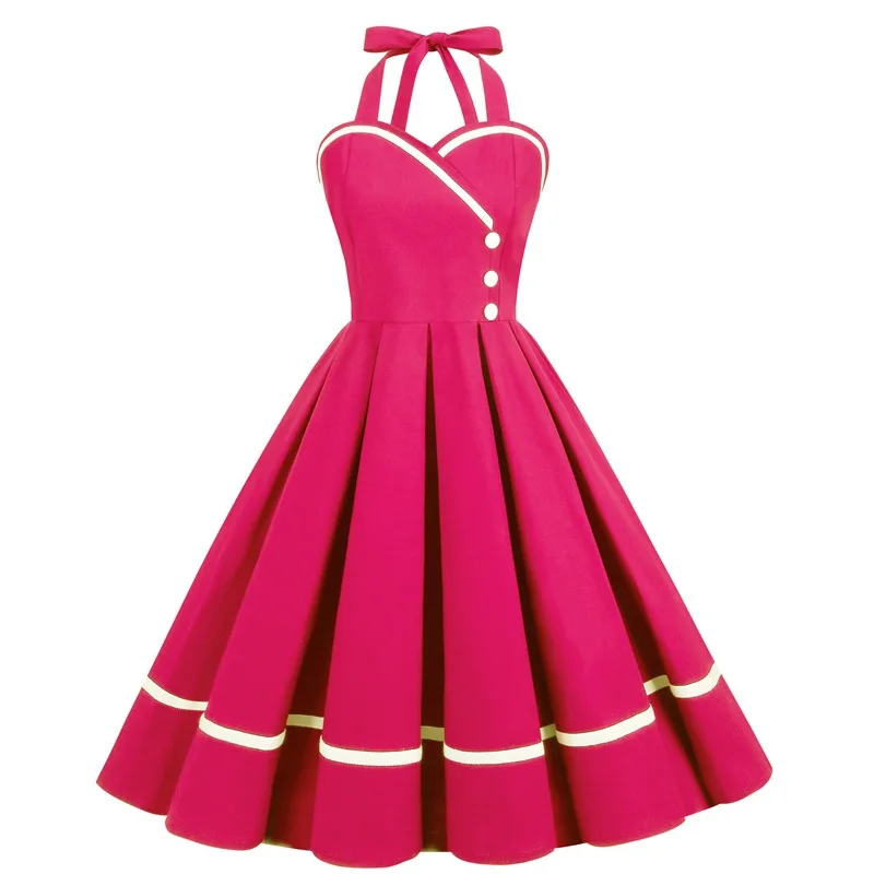 Robe Pin Up Rockabilly Party Dresses 50s 60s Women Pleated Strapless Cotton Red Green Pink V Neck Femme Elegant Vintage Dresses