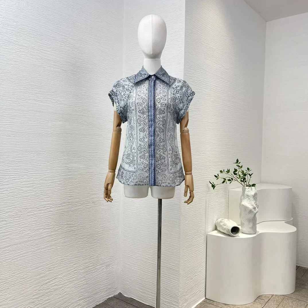 Новая коллекция 2023 светло-голубая винтажная блузка с короткими рукавами и