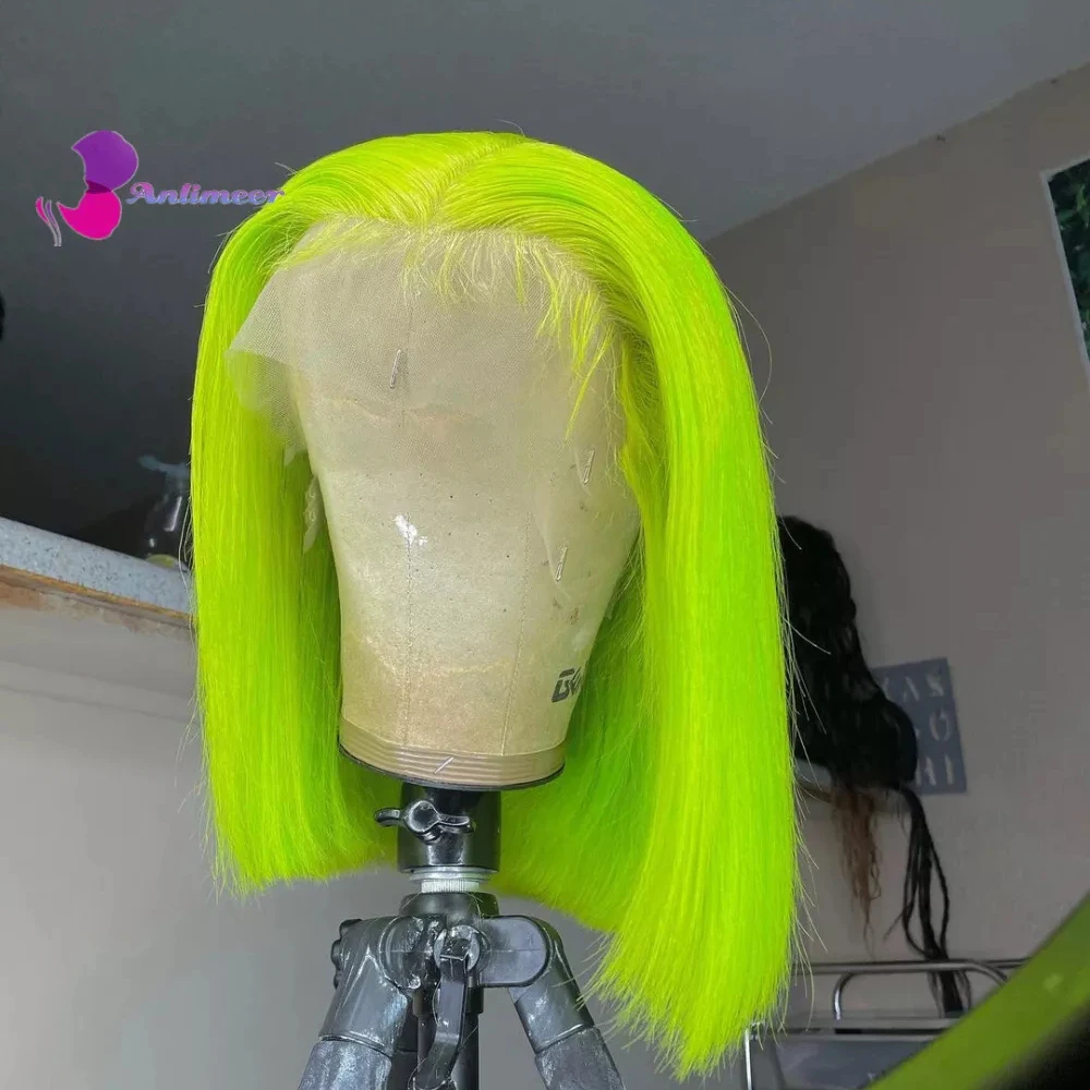 

13x4 Lace Front Green Free Part Straight Bob Human Hair Wig 4x4 Lace Closure Wigs Pure Neon Green Colored Wig for White Women