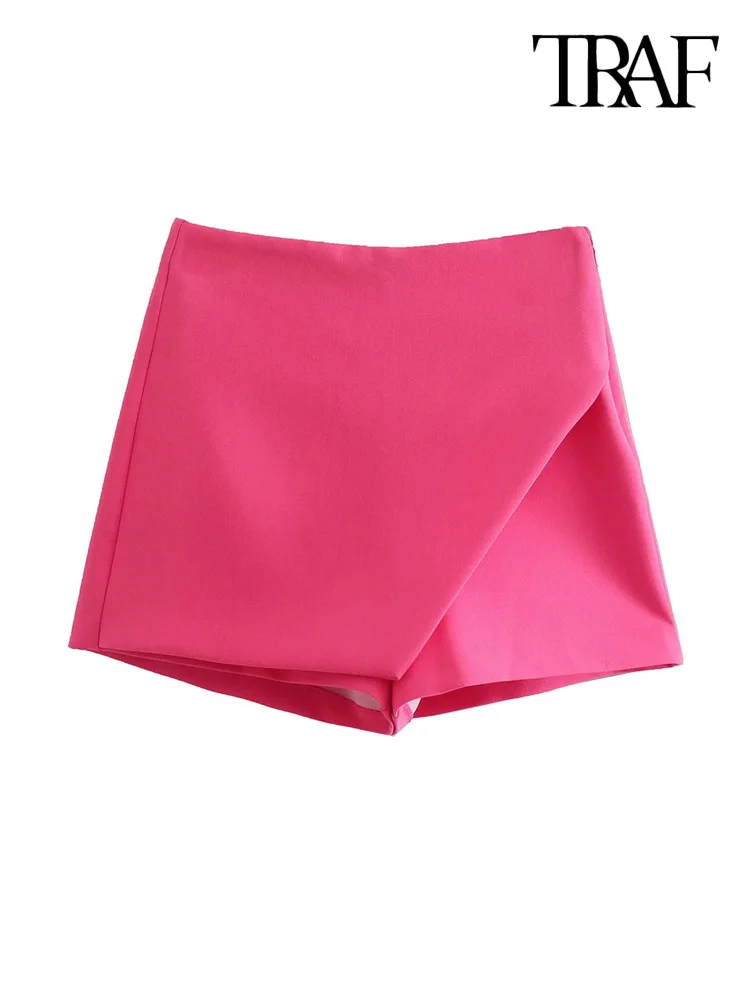 TRAF Women Fashion Asymmetrical Shorts Skirts Vintage High Waist Side Zipper Female Skort Mujer
