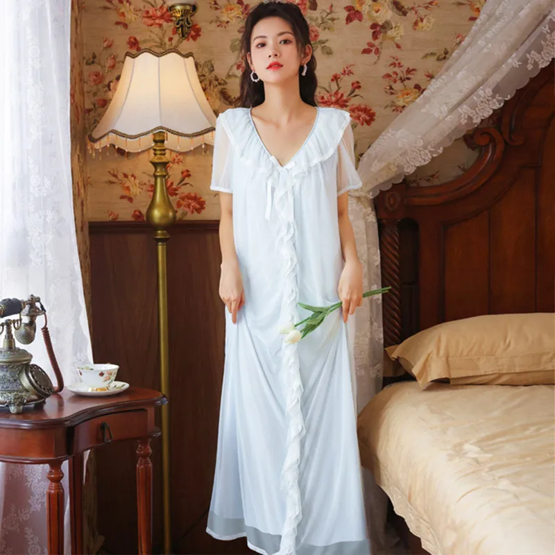 

Женская ночная сорочка с коротким рукавом Fdfklak, летняя Ночная рубашка в дворцовом стиле, длинное кружевное платье принцессы с V-образным вырезом, элегантная Домашняя одежда из модала