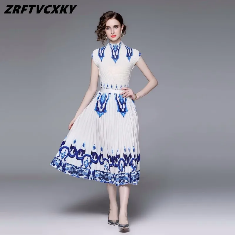 

Женский комплект из двух предметов, сине-белый костюм из футболки с фарфоровым принтом и повседневной плиссированной юбки средней длины