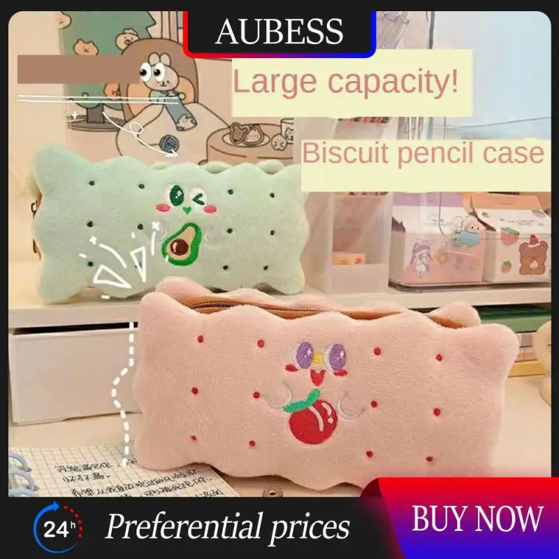 

Cute Girls Heart Pen Bag For Girls Plush Pouch Zipper Large Capacity Cosmetic Pouch Storage Bag Biscuit Shape Pencilcase Pen Box