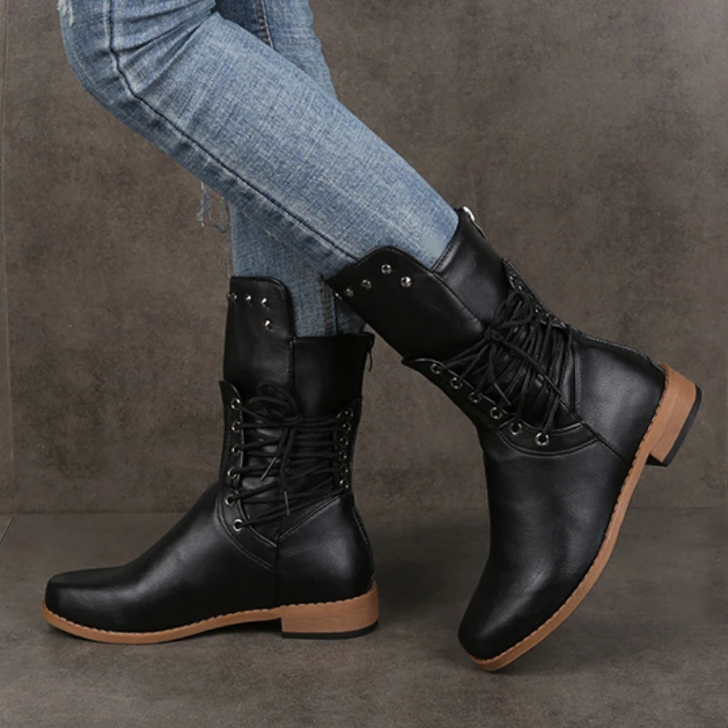 

New Women's Martin Boots Fashion Solid Lace-Up Back Zip Rider Boots Vintage Studded Round Toe Casual Mid Boots Botas Femininas