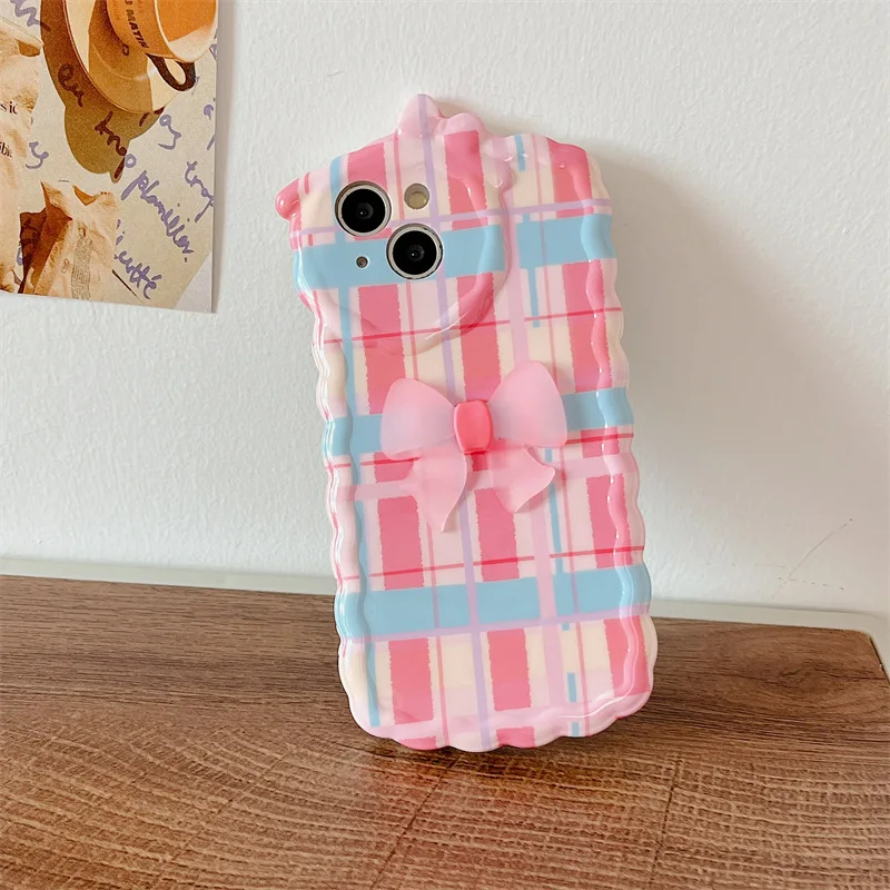 

Lovely Pink Bowknot Plaid Phone Case Cover for IPhone 14 Plus 11 12 13 14 Pro XR XS Max Shockproof Cases for IPhone 14 Case