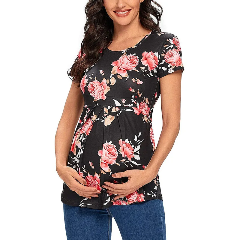 

Summer Maternity Tops Women Pregnancy Short Sleeve T-Shirts Casual Tees for Pregnant Elegant Ladies Folds Top Women Clothes