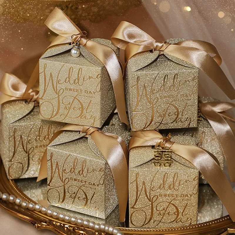 Chocolate Treat Gift Paper Boxes With Ribbons Pearl Glitter Packaging Bags Exquisite Wedding Favors For Guests