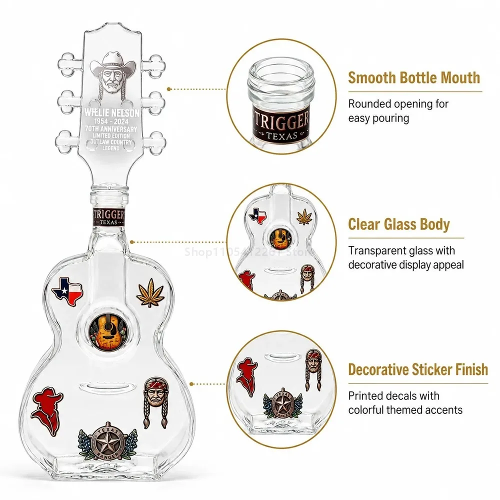 Виски Willie Nelson Texas Guitar Glass, 70-летний юбилей, сувенир для поклонников аутлоу-кантри, декор для вестерн-бара, мужской уголок отдыха. (art.: 3920dcce395ce) - 3920dcce395ce