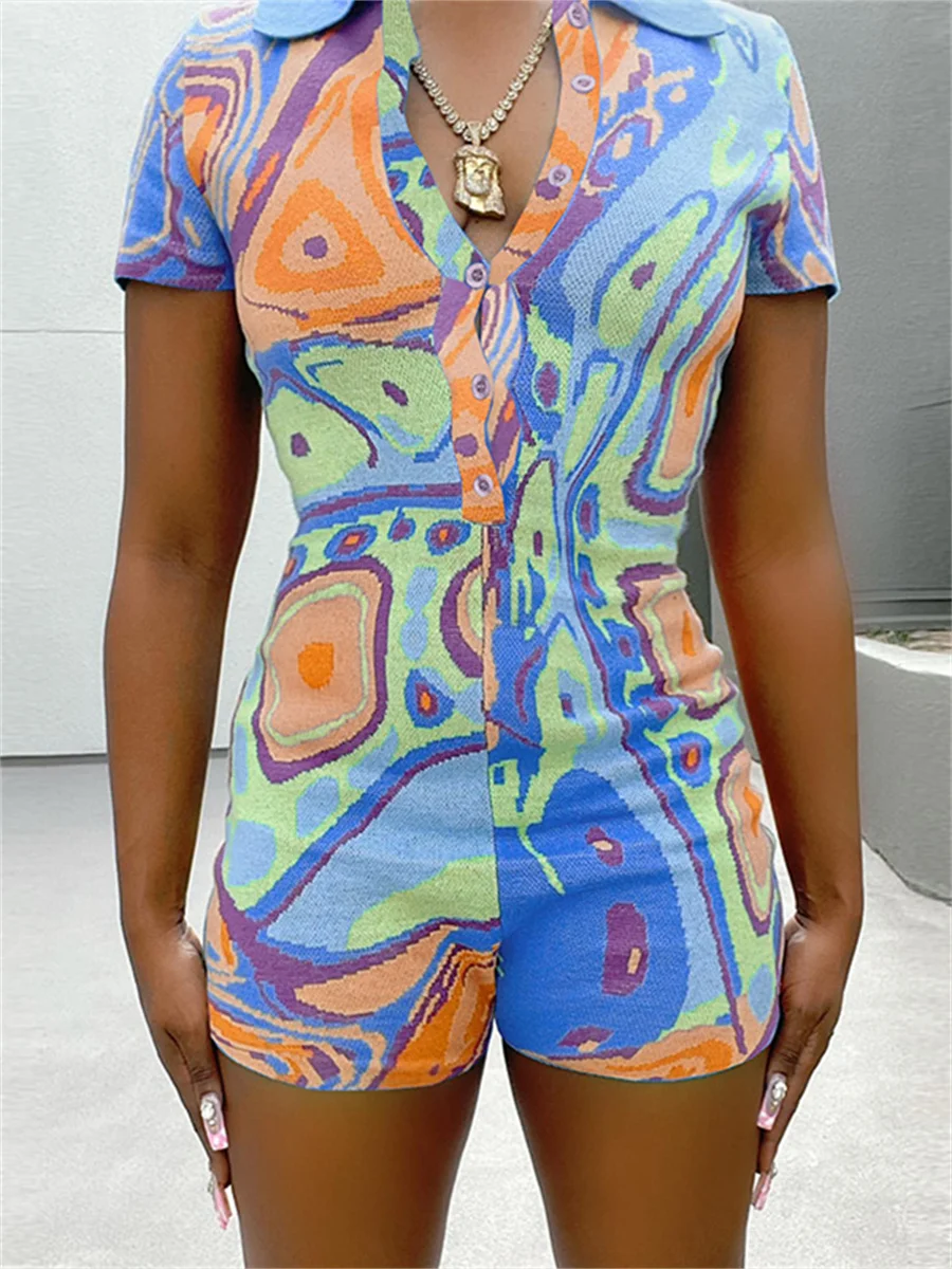 

Женский комбинезон wsevypo с абстрактным принтом, летняя повседневная Уличная одежда, ребристый женский комбинезон на пуговицах с лацканами