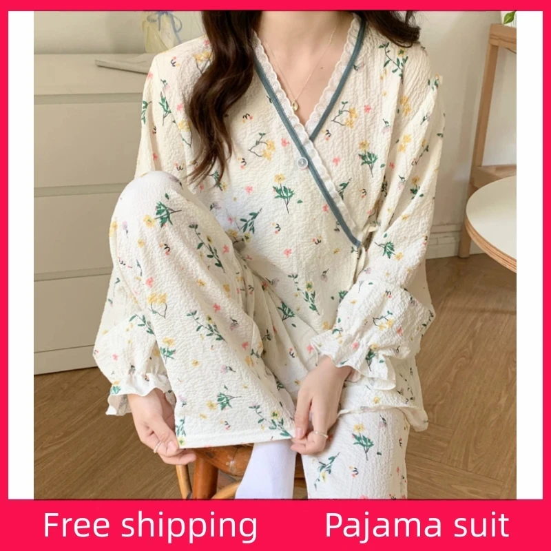 

Women Floral Printed Pyjamas Kimono Style Pajamas Set Loose Thin V-Neck Long Sleeves Gauze Cotton 2Pcs Sleepwear Loose Homewear