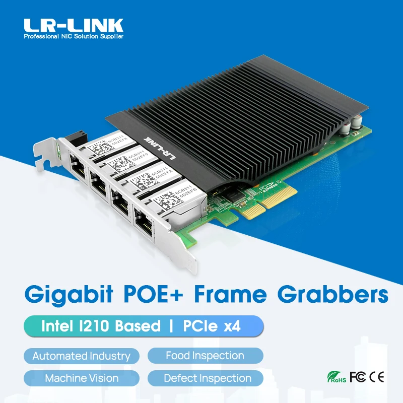 LR-LINK 2039PT-POE GigE Interface Card 802.3at Quad-Port RJ45 Gigabit PCIe x4 PoE+ Network Card Based on Intel I210 Chip