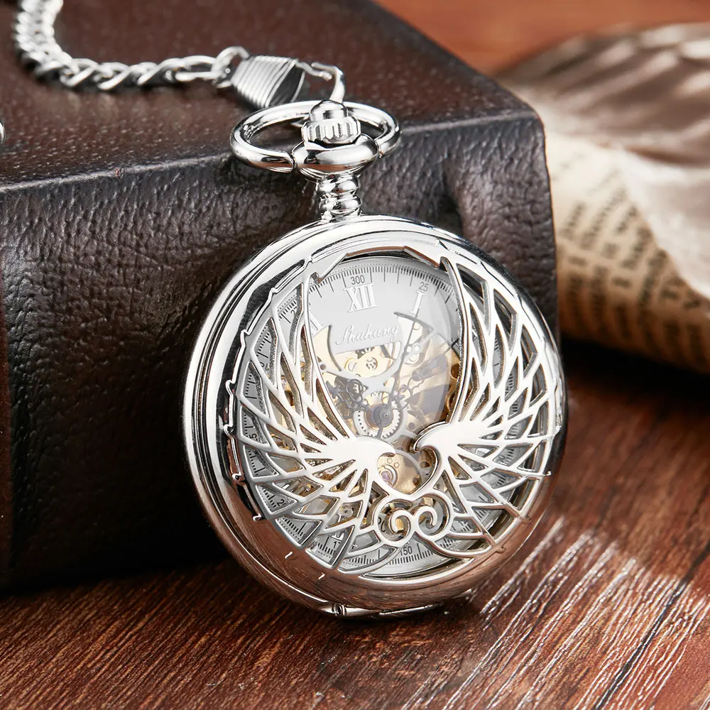 Vintage Golden Angel Double Wings Mehanical Pocket Watch FOB Chain Hollow Skeleton Hand Wind Mechanical Mens Womens Watch