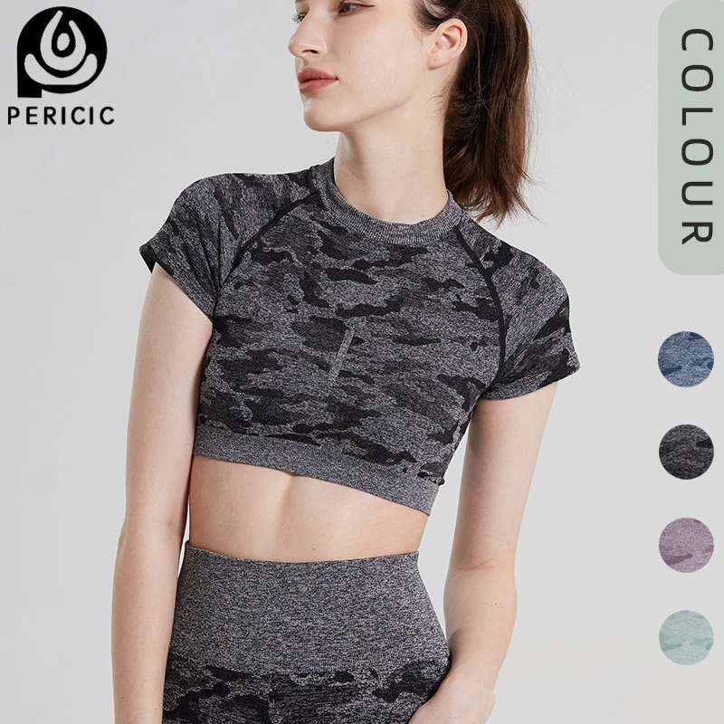 

Женский Камуфляжный бесшовный укороченный топ с коротким рукавом, рубашки для йоги, дышащие облегающие топы для бега, гимнастики, тренирово...