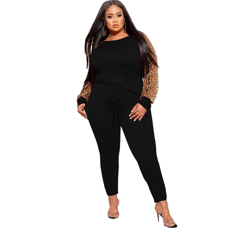 Plus Size Sets 2 Piece Outfit Women Fall Clothes Sweatsuit Tracksuit Leopard Patchwork Crop Top Leggings Whol 3xl 4xl 5xl 6xl