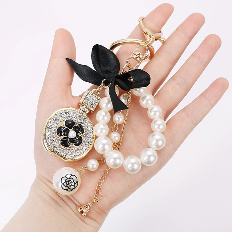 

Bow-Knot Imitation Pearl Perfume Crystal Bottle Iron Tower Chain Keychain Car Key Ring Bag Charm Accessories Girl Keyring Gift