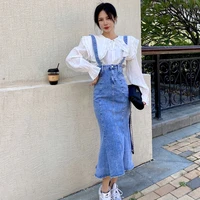 2022 new womens fashion explosion korea style a line high waisted ruffle strap casual denim commute for summer cotton skirts