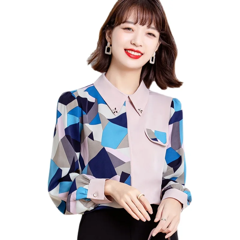 

Chiffon Women's Blouses Polo Girl's Shirt Summer Fashion Loose Long Sleeve Top Casual Print Spring Lady Clothing Houthion