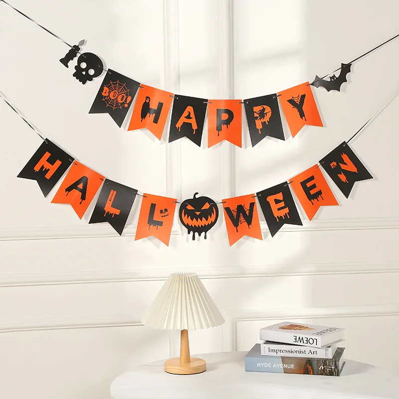 

Happy Halloween Hanging Garland Bunting Bat Pumpkin Ghosts Spider Paper Banner Halloween Party Hanging Decorations Horror Props