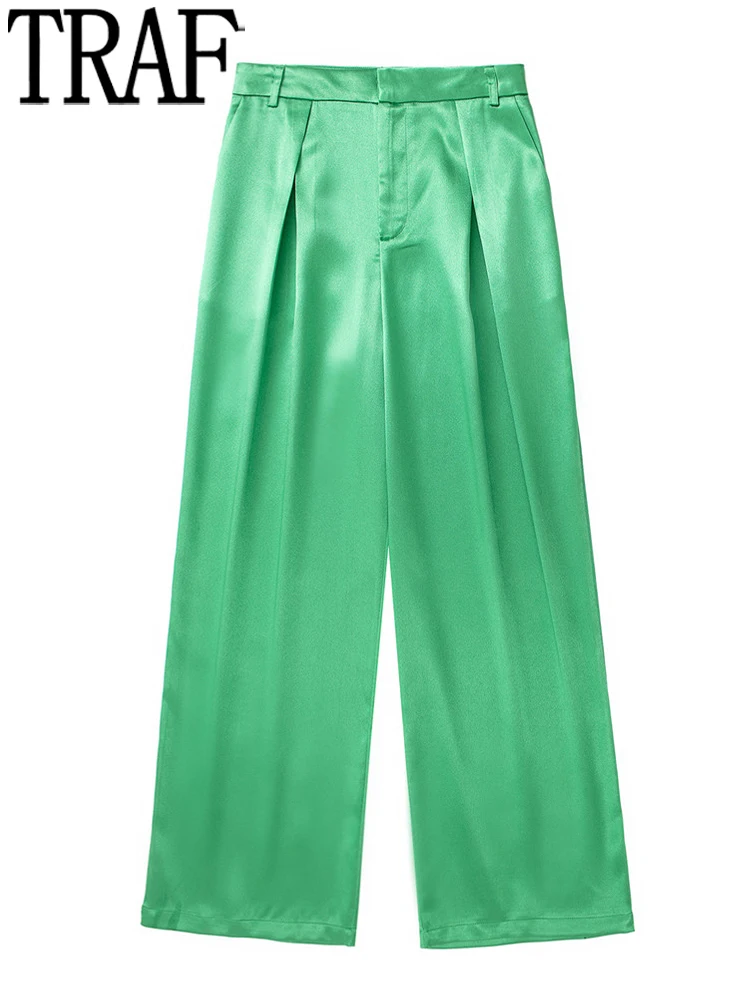 

TRAF 2022 Green Satin Pants Women Pleated Wide Leg Pants Sets High Waist Casual Baggy Pants Fashion Streetwear Woman Trousers