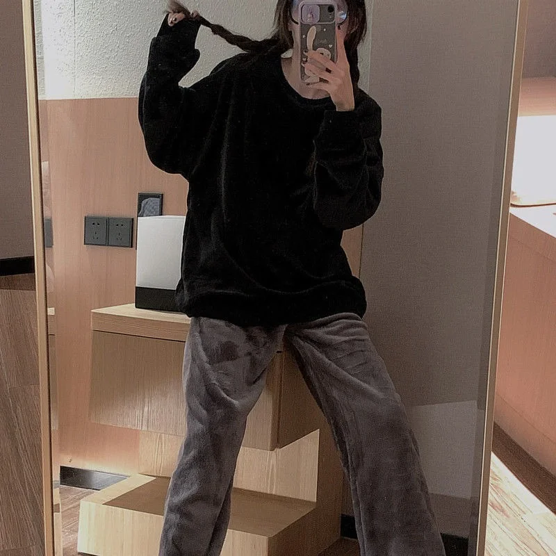 QWEEK Pj Sets for Women Kawaii Pajama Black Solid Color Loungewear Flannel Pijamas Girls Winter Home Wear Sleepwear Pyjamas Cute