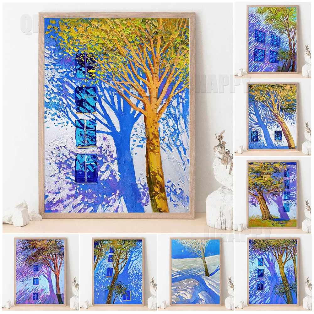 

Tree And Architectural Projection Wall Art Canvas Painting Blue Purple Printing Nordic Poster Windows Ins Picture Home Decor
