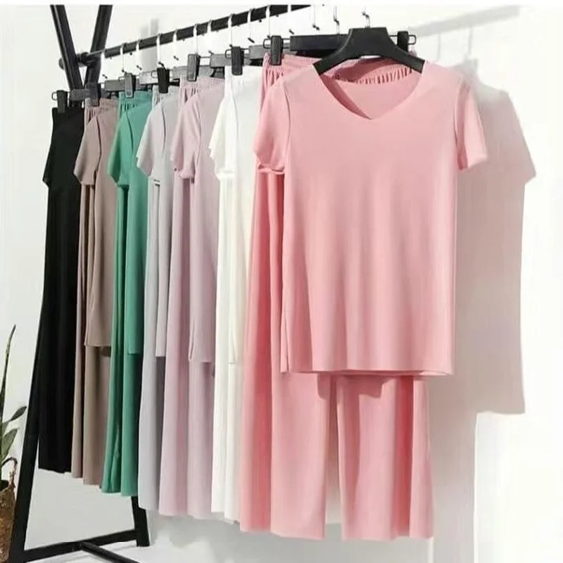 

Summer Plus Size Ice Silk Pajamas Two-piece Short-sleeved Home Clothes Loose Wide-leg Pants Women Can Wear Casual Suits Women