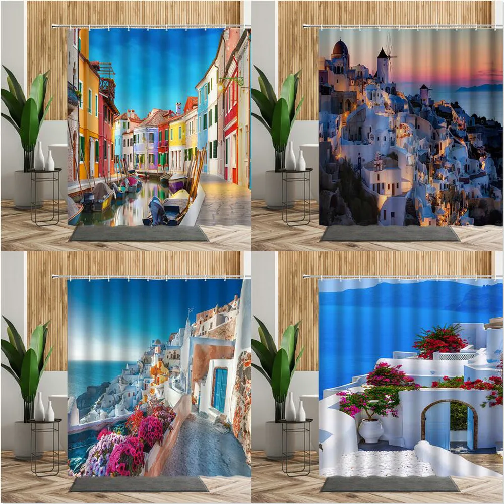 

Scenery Shower Curtain Greece Seaside City Blue House Flower Summer Printed Fabric Bathroom Curtains Home Bath Decor Wall Fabric