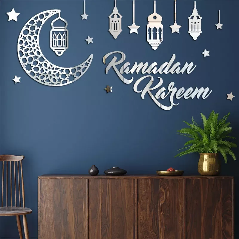 

Mubarak Wall Sticker Lantern Moon Acrylic Mirror Wall Decal Ramadan Decor for Home Islamic Ramadan Kareem Muslim Party Decor