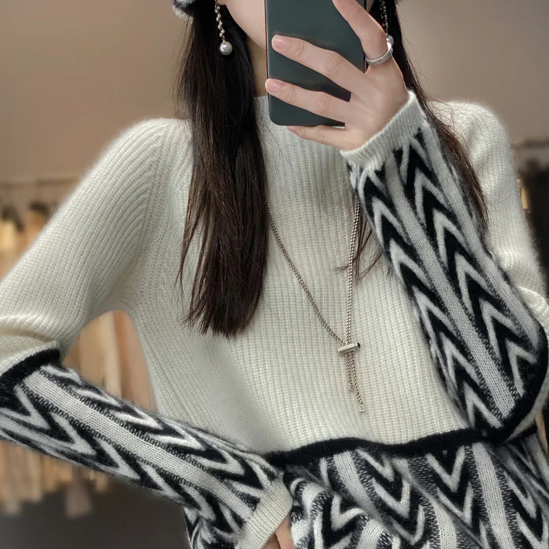 Fall/Winter New 100% Pure Wool Sweater Casual Half High Neck Knitwear Loose Women's Top Pull Overside Thickened Cashmere Blouse