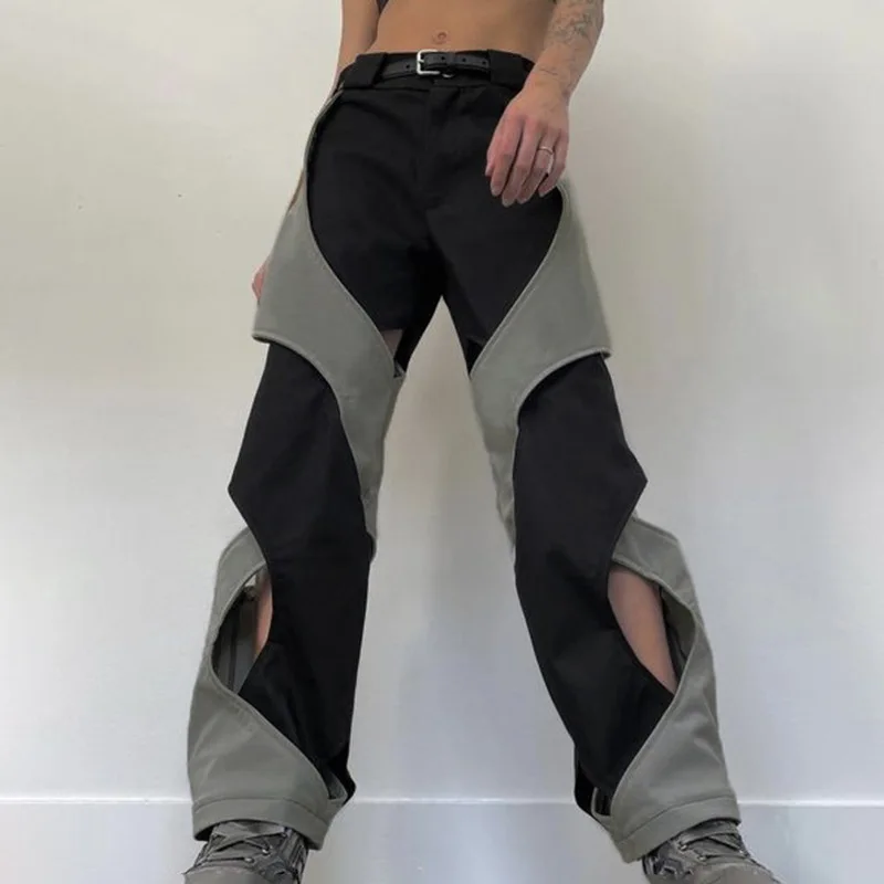 

Goth Dark Cyber Gothic Y2k Streetwear Patchwork Cargo Pants Grunge Hollow Out Wide Leg Bottoms Women Sportwear Low Waist Trouser