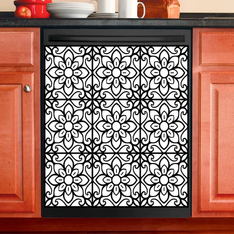 

Kitchen Decor Dishwasher Magnet Cover Beautiful Black and White Vintage Floral Pattern