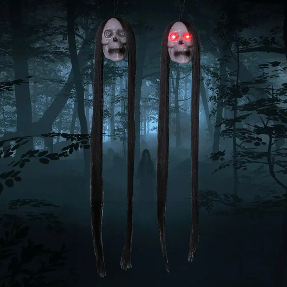 

Halloween Hanging Ghost Skull with Long Hair Glowing Head Ghost House Skull Decoration Eyes Halloween Terror 2023 Skeleton E2C9