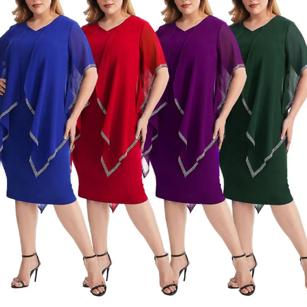 Elegant Dress Mid-Rise Party Dress Irregular Shawl Fake Two Pieces Plus Size Gown Dress