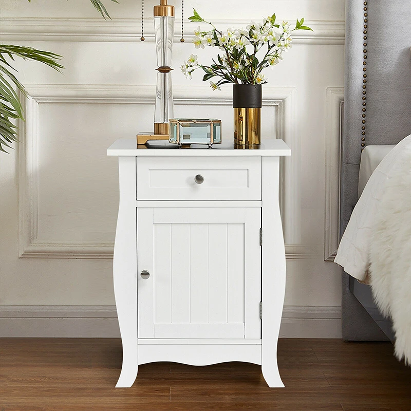 

Modern Wooden Accent End Table Large Storage Space Metal Knobs Drawer High Quality MDF Cabinet Waved Shaped Bottom Nightstand