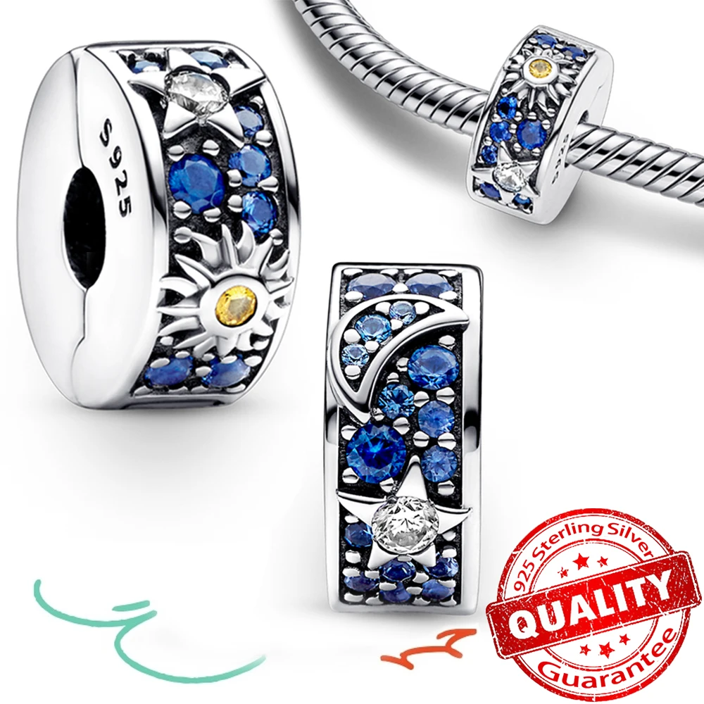 

Sparkling 925 Sterling Silver Blue Zircon Sun Star Beads Clip Charm Fit Pandora Bracelet Fine Jewelry Chains Gift Making