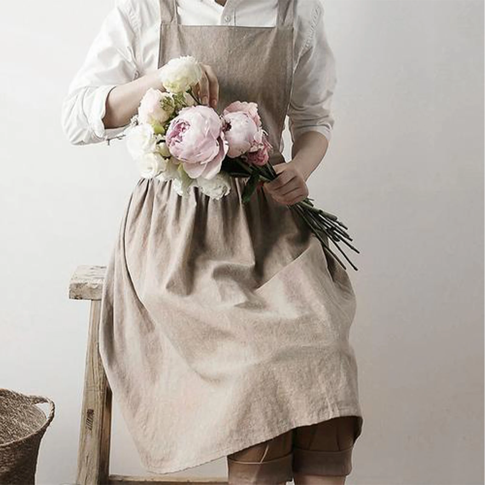 

Nordic Simple Florist Apron Cotton Linen Gardening Coffee Shops Kitchen Aprons For Cooking Baking Restaurant Apron Pinafore