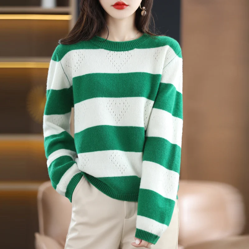 

Cashmere Pullover Autumn/Winter 100% Pure Wool Sweater Casual Stripe Loose Knitwear Round Neck Hollow out Women Top Pull Blouse