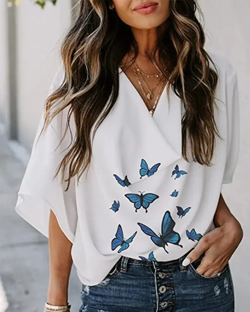 

Woman Casual Cowl Neck butterfly Print Half-Sleeve Top 2022 Summer New Fashion