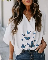 woman casual cowl neck butterfly print half sleeve top 2022 summer new fashion