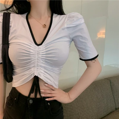 

hLdies retro summer slim slimming temperment contrst color bubble sleeve drwstring V-neck short-sleeved t-shirt women's top