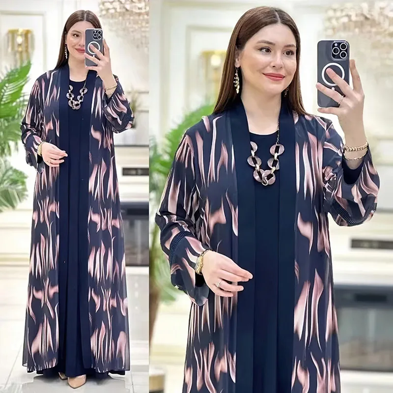 Muslim Women Abaya Dress Islam Clothing 2023 New Print Kimono Cardigan Robe 2-piece Sets Femme Morroco Caftan Long Maxi Dress