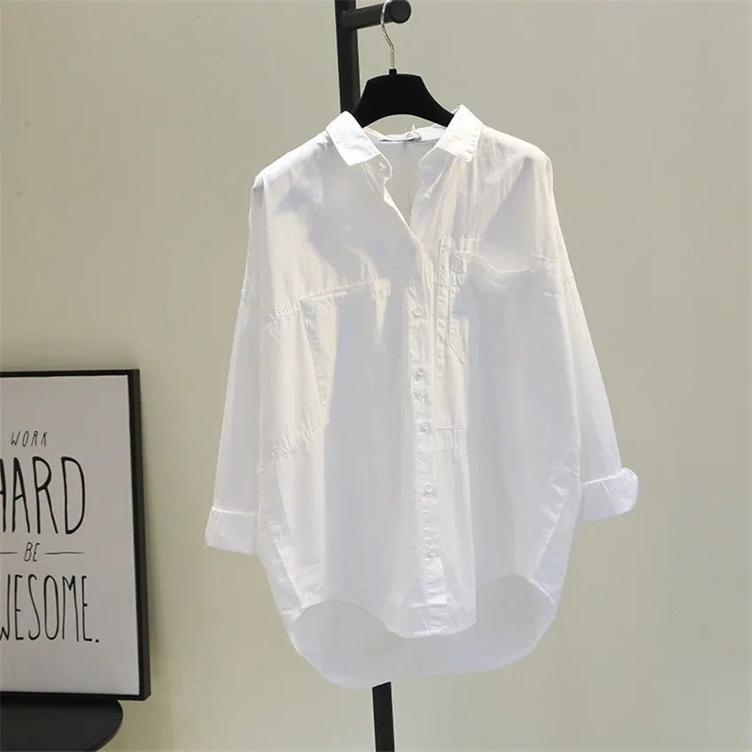 

2022 New Fashion Women Button-up White Blouse Summer Casual Female Long Sleeve Midi Shirt Plus Size Women's Clothing Thin WZ1758