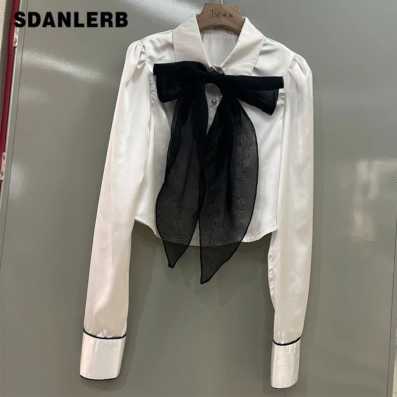 

2022 Spring New French Satin Long Sleeve Shirt Women Figure Bottoming Shirt White Camisas Mujer All-matching Ladies Blouse